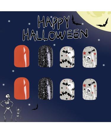 24Pcs Halloween Press on Nails - Short Square Glitter Design Skull Acrylic Full Cover Fake Nails for Women - Cute & Glossy Halloween Stick on Nails - Buy Online on GoSupps.com