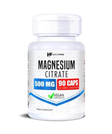 HealthFare Magnesium Citrate Capsules 500mg | 90 Vegan Pills | High Absorption Essential Mineral Supplement | Extra Strength Formula | Non-GMO Gluten-Free Made in USA