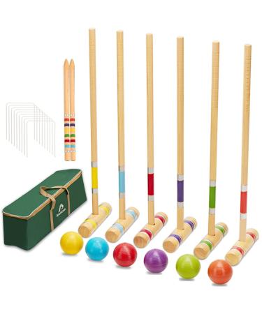 ApudArmis Six Player Croquet Set with Premiun Rubber Wooden Mallets 28In,Colored Ball,Wickets,Stakes - Lawn Backyard Game Set for Adults/Teenagers/Family (Large Carry Bag Including) 28'' Standard