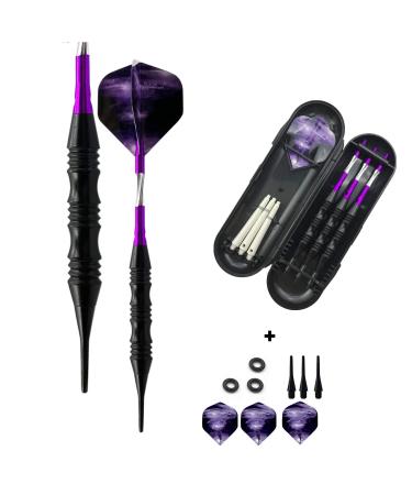 Professional Exquisite 20 Gram Soft Tip Darts Set Carrying Hard Suitcase | 3 Black Coated Iron Barrels | 3 Aluminum Shaft, Each Recreation Room, Bar and Game Room Level Purple+3 extra flights