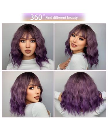 Ombre Purple Wig Short Body Wavy Bob with Bangs - Synthetic Cosplay Party Wig for Women - Shoulder Length Colorful Wigs (13 Ombre Purple) - Buy Online on GoSupps.com