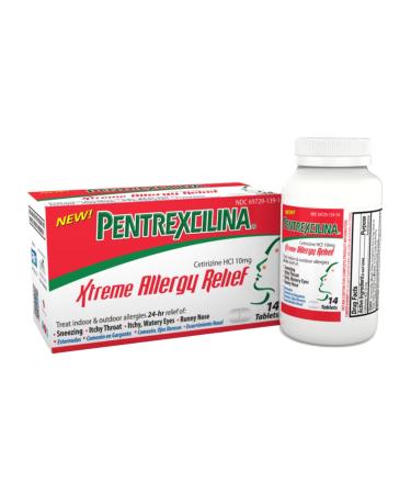 Pentrexcilina Xtreme 24 Hours Allergy Relief 14 Tablets Cetirizine HCI 10mg - Helps with Sneezing Itchy Throat Watery Eyes Runny Nose - Adult Formula (1)