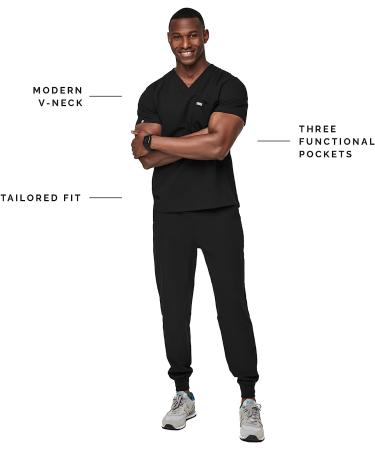 FIGS Leon Men's Scrub Top - Tailored Fit V-Neck, 3 Pockets, 4-Way Stretch | Medium Black - Buy Online on GoSupps.com