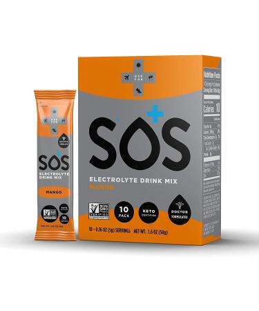 SOS Hydration Electrolyte Powder Packets, Low-Sugar, Immunity Support Hydration Replenishment Drink Mix, Mango Flavor, 10 Sticks Mango 0.16 Ounce (Pack of 10)
