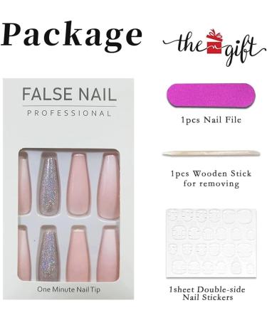 RUNRAYAY Pink French Press on Nails with Sequins Design - Gradient Fake Nails for Women | Acrylic Full Cover Coffin Spring Summer - Buy Online on GoSupps.com