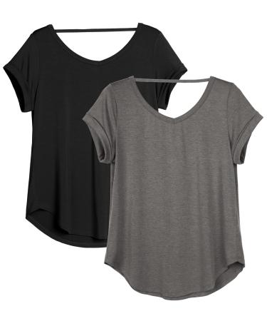 icyzone Women's Yoga T-Shirt Backless Sports Leisure Tops Short Sleeve Tops Loose Casual V-Neck Shirt M Black/Dark Grey