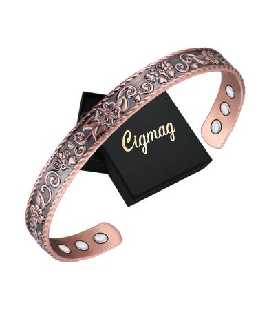 Cigmag 6X Lymphatic Drainage Copper Bracelet for Women 99% Solid Pure Copper Magnetic Bracelet Ultra Strength Magnet Adjustable Brazaletes Cuff Bangle with Gift Box (Butterfly Flower Pattern)