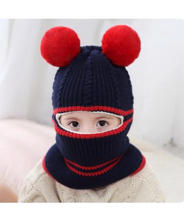 Baby Balaclava Kids Winter Hat with Double Pom Pom Design - Cute Small Bear Beanie Cap for Boys and Girls | Warm Knitted Hood Scarf | B-E One Size - Buy Online on GoSupps.com