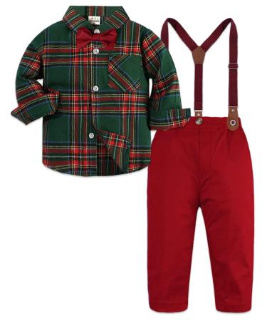 mintgreen Baby Boy Outfits Set 4pcs Infant Gentalman Wedding Suit Long Sleeves Striped Shirts + Trousers + Suspenders + Bowtie 12-18 Months Green & Red