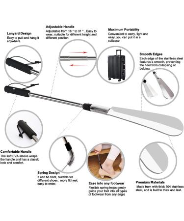 Extendable Shoe Horn Lifter 16-31 | Travel Shoe Helper for Seniors | Stainless Steel Telescopic Spring Shoehorn - Buy Online on GoSupps.com
