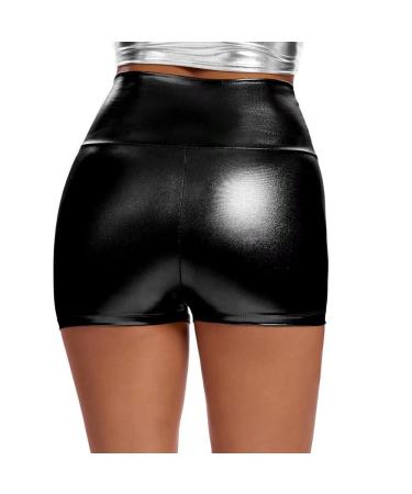 OVIGILY Metallic Booty Shorts High Waisted Shiny Bottoms Rave Hot Pants Black Small