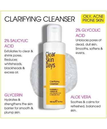 Clear Skin Days Clarifying Face Cleanser with 2% Salicylic & 2% Glycolic Acid - Deep Cleans Exfoliates Reduces Oil Unclog Pores and Resurface Skin- Perfect For Acne-Prone Skin 150ml - Buy Online on GoSupps.com