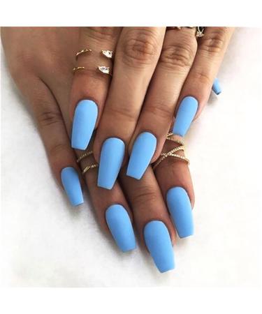 Brishow short artificial nails to stick on blue matt press on nails ballerina acrylina acrylina pure color false nails 24 pieces for women and girls (blue)