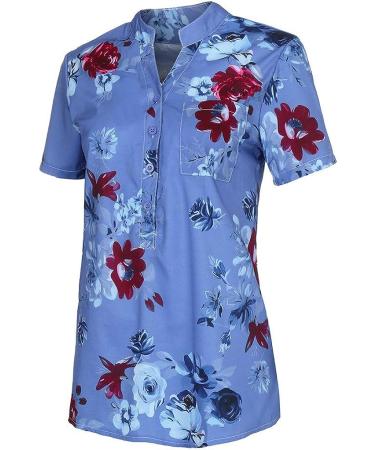Women's Floral Printed Stand Collar V-Neck Top - Dressy Casual Trendy Blouse - Blue, Large - Buy Online on GoSupps.com