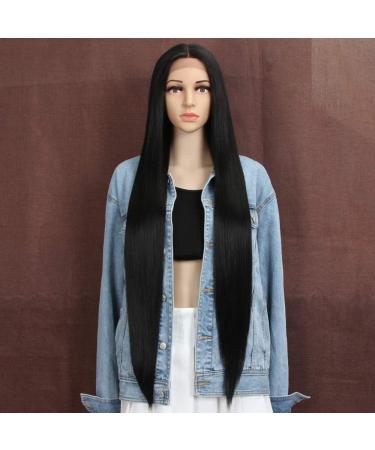 Style Icon 38  Super Long Straight Wigs Lace Front Wigs 6  Deeper Middle Part Wig Black Synthetic Wig (38  1B) 38 Inch (Pack of 1) 1B