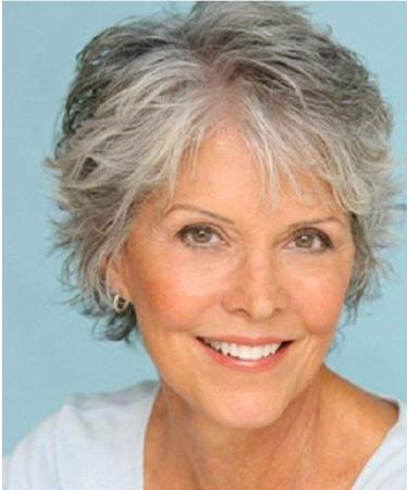 Royalfirst Short Curly Wigs for Women Silver Grey/White Heat Resistant Synthetic Hair with Wig Cap