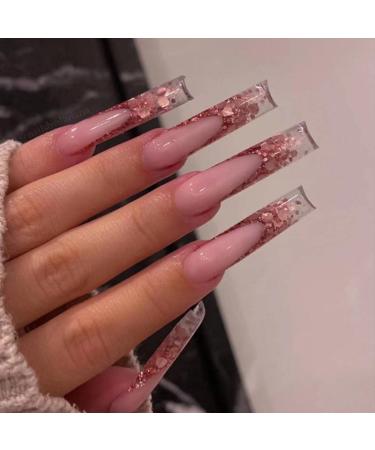 YoYoee French Press on Nails Long Coffin False Nails Galaxy Fake Nails Full Cover Bling Nails Tips for Women and Girls 24PCS