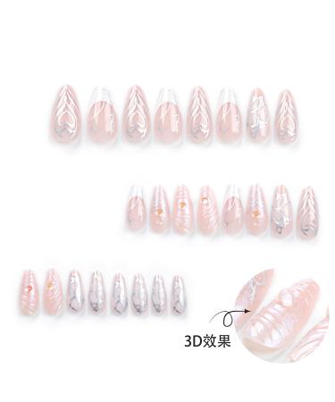 24 Pcs Medium Almond Press-On Nails - Nude & Glitter Full Cover Fake Nails | Glossy 5D Acrylic French Nails for Women & Girls - Buy Online on GoSupps.com