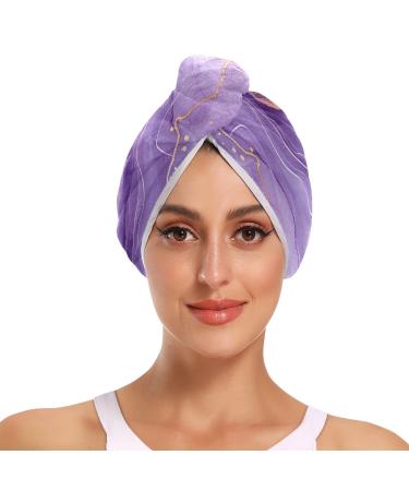Purple Gold Marble Hair Towel 2 Pack Super Absorbent Hair Drying Towel Quick Dry Hair Turbans Head Towel with Button Twisty Wrap for Women Girls