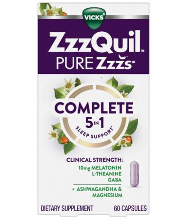 ZzzQuil Pure Zzzs Complete Sleep Melatonin 10mg L-Theanine GABA with Ashwagandha and Magnesium Melatonin Sleep Aid 60 Count