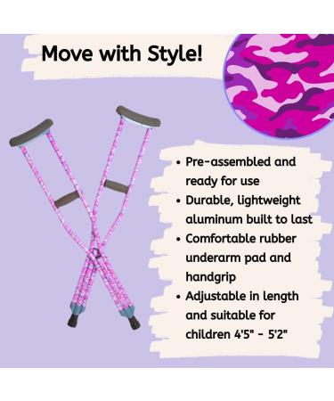 Adjustable Pink CAMO Youth Crutches for KidsTeensAdults - Lightweight Aluminum, Underarm Padding - Fits Heights 4'5-5'2 - Buy Online on GoSupps.com