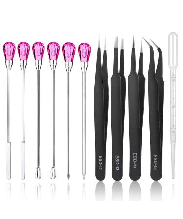 11 Pcs Silicone Resin Mold Tools Set Stirring Needle Spoon Tool Tweezers Precision Kit  Anti-Static Electronics Tweezers Set for Resin Art Crafts Jewelry Making DIY Epoxy Casting Molds(Rose Red) A-Rose Red & Black