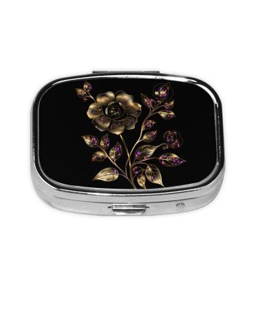 Black and Gold Flowers Printed Square Pill Box Portable Travelling Pill Box Medicine Organiser