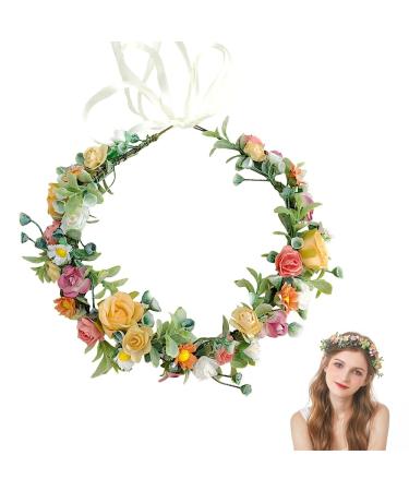 Headband flower crown headband flowers flower wreath crown flower garland artificial flowers crown bride headpiece greenery crown hair ripe flowers (yellow)