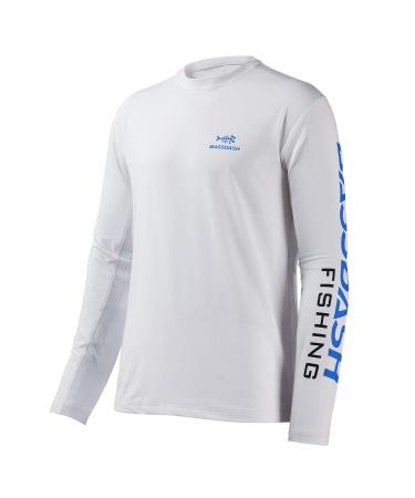 BASSDASH Fishing T Shirts for Men UV Sun Protection UPF 50+ Long Sleeve Tee T-Shirt White/Vivid Blue Logo Large