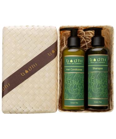 Bodhi Herbal Spa Cosmetics Bodhi Naturkosmetik Gift set for healthy hair 2 x 200 ml contains shampoo and conditioner packaged in beautiful handmade Pandan Box for women and men organic and vegan green tea Green tea