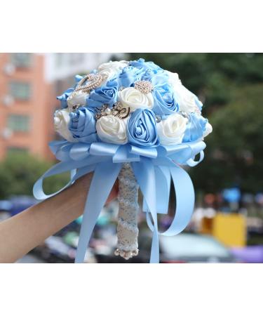 WIFELAI Silk Bridal Bouquet with Big Rhinestones and Diamond Brooch - Baby Blue Ivory, W373B-21 - Buy Online on GoSupps.com