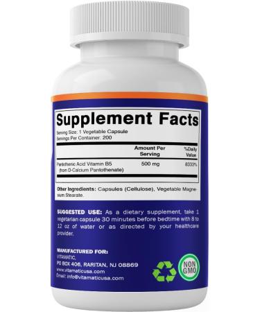 Vitamatic Pantothenic Acid (Vitamin B5) 500 mg- 200 Capsules - 2 Pack - Buy Online on GoSupps.com