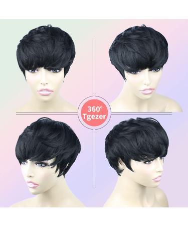 Short Hair Pixie Cut Wig with Bangs - Natural Black Women's Wig | Straight Layered Wavy Synthetic Full Machine Wig (1B# Black) - Buy Online on GoSupps.com