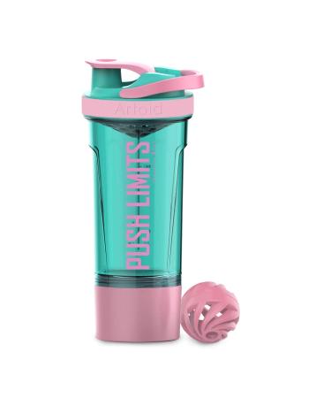 Artoid Mode 720ml Inspirational Sports Fitness Workout Protein Shaker Bottle with Twist and Lock Protein Box Storage Dual Mixing Technology with Shaker Balls & Mixing Grids - BPA Free Cream Pink/Aqua Green