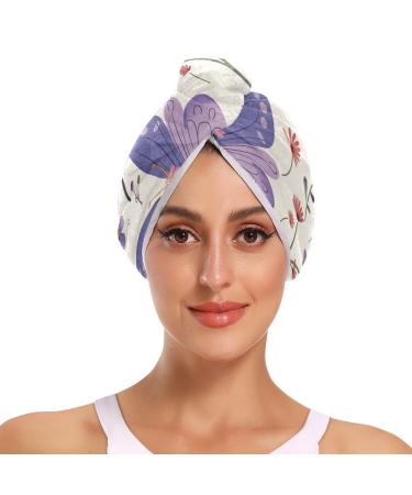 Cartoon Purple Butterfly Wildflowers Bees Hair Towel 2 Pack Super Absorbent Hair Drying Towel Quick Dry Hair Turbans Head Towel with Button Twisty Wrap for Women Girls