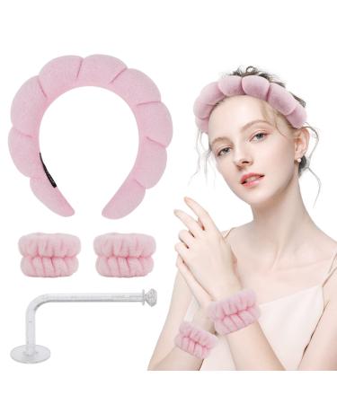 Hope&Luck Sponge 4Pcs Spa Headband for Women  Headband and Wristband Set for Washing Face  Terry Cloth Spa Headband Pink Sponge Spa Headband Bubble headband