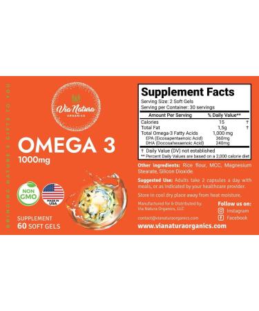 Via Natura Organics Omega 3 | 1000mg | Fish Oil | Fatty acids | EPA & DHA | Non-GMO | 60 Softgels - Buy Online on GoSupps.com