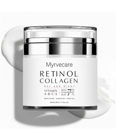 Myrvecare Retinol Collagen Day & Night Cream with 7% Hyaluronic Acid & Vitamins A B C E | Anti-Aging Face Moisturizer for Wrinkles Fine Lines & Firm Skin | Hydrating & Brightening Cream 50ml