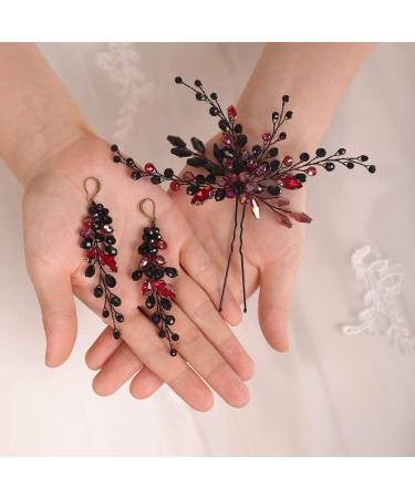 BERYUAN Bridal Hair Pins Earring Set Baroque Black Red Rhinestone Wedding Hair Accessories for Bride