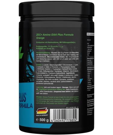 Zec+ Nutrition Amino EAA Powder 500g - Orange Flavor | Essential Amino Acids & BCAAs for Optimal Performance - Buy Online on GoSupps.com