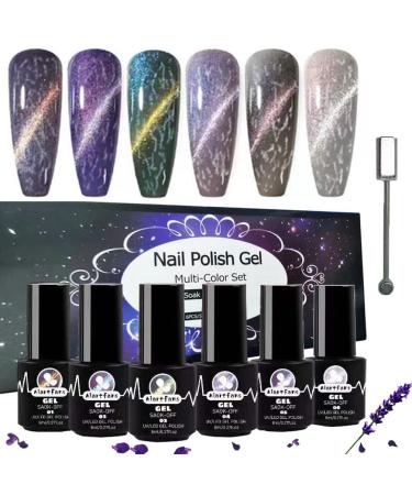 Aiartfans Cat Eye Gel Polish Set 6 Colors Magnetic Nail Gel Polish Multi-functional Soak-Off UV Gel Nail Polish Kit 4-in-1 Gel Manicure Kit with Magnetic Stick for Nail Art Home DIY