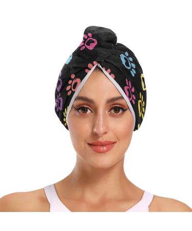 Colorful Doodle Paw Print Hair Towel 2 Pack Super Absorbent Hair Drying Towel Quick Dry Hair Turbans Head Towel with Button Twisty Wrap for Women Girls