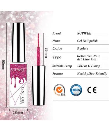 SUPWEE 8pcs Reflective Line Gel Nail Polish Semi-Permanent Glitter Nail Art Gel Soak Off UV/LED Gel Varnish Drawing Nail Design - (Color: BT) - Buy Online on GoSupps.com