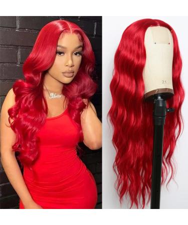 EVLYNN Wavy Long Blood Red Wigs for Women,Synthetic Dark Burgundy Long Curly Red Wig, Narutal Wavy Curly Red Wigs for Women 24 Inches Wavy long wine red wigs 24