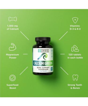 Zhou Nutrition Calcium Greens Superfood - Bone Support Supplement | Algae Calcium, Magnesium, Vitamin D3 & K2 | 1300mg, 120 Tablets - Buy Online on GoSupps.com
