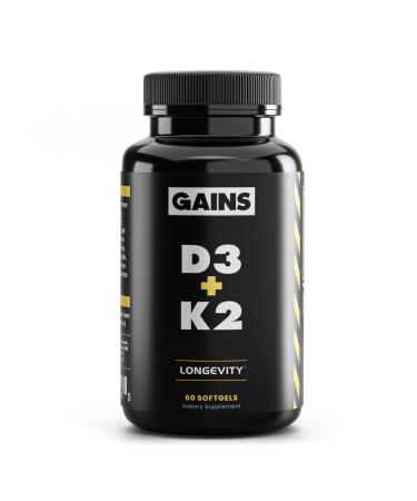 Gains in Bulk D3 K2 Supplement Vitamin D3 5000 IU Vitamin K2 100 Mcg Vitamin A 5000 IU Algae Oil with Omega 3 Wellness Support for Men & Women Gluten Free Vegan Non GMO 60 Softgels