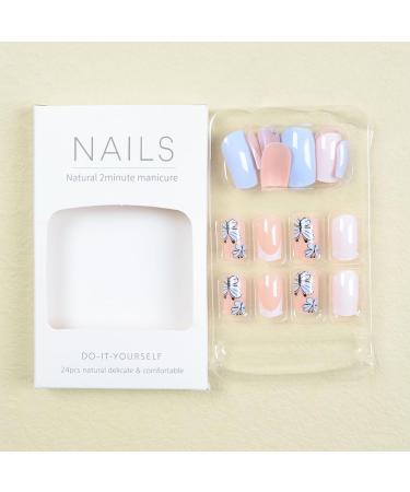 24PCS French Butterfly Fake Nails - Long Square False Nails with Glue - Full Cover Acrylic Press on Nails for Women and Girls - Buy Online on GoSupps.com