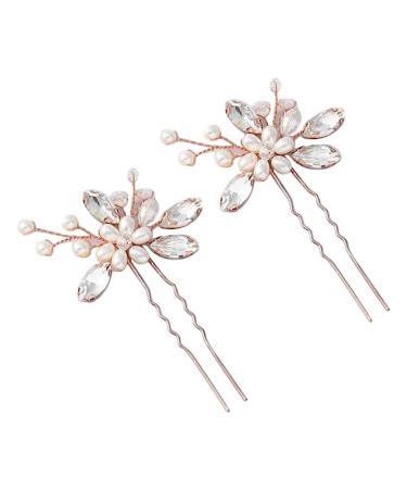 Generic Wedding Hair Clips Charming Wedding U Shaped Hairpin Crystal Pearl Reusable Elegant 1 Pair for Work for Wedding (Rose Gold)