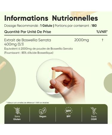Boswellia Serrata 2000mg 180 G lules Vegan avec 85% d Acide Boswellique - Encens Indien pas de l Harpagophytum - Extrait de Poudre de Boswellia (5:1) quivalent 400mg - pour 6 Mois d'Apport - Buy Online on GoSupps.com