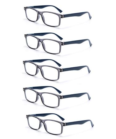 5 Pack Unisex Rectangular Vintage Plastic Frame Reading Glasses for Men and Women 5pk-gray 1.25 Diopters